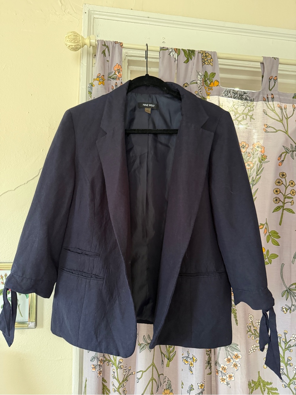 Nine West Navy Tie-Cuff Open Blazer
